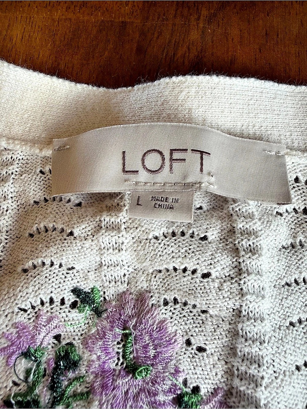 LOFT Floral Embroidered Pointelle Cardigan White & Purple Medium - Picture 4 of 4